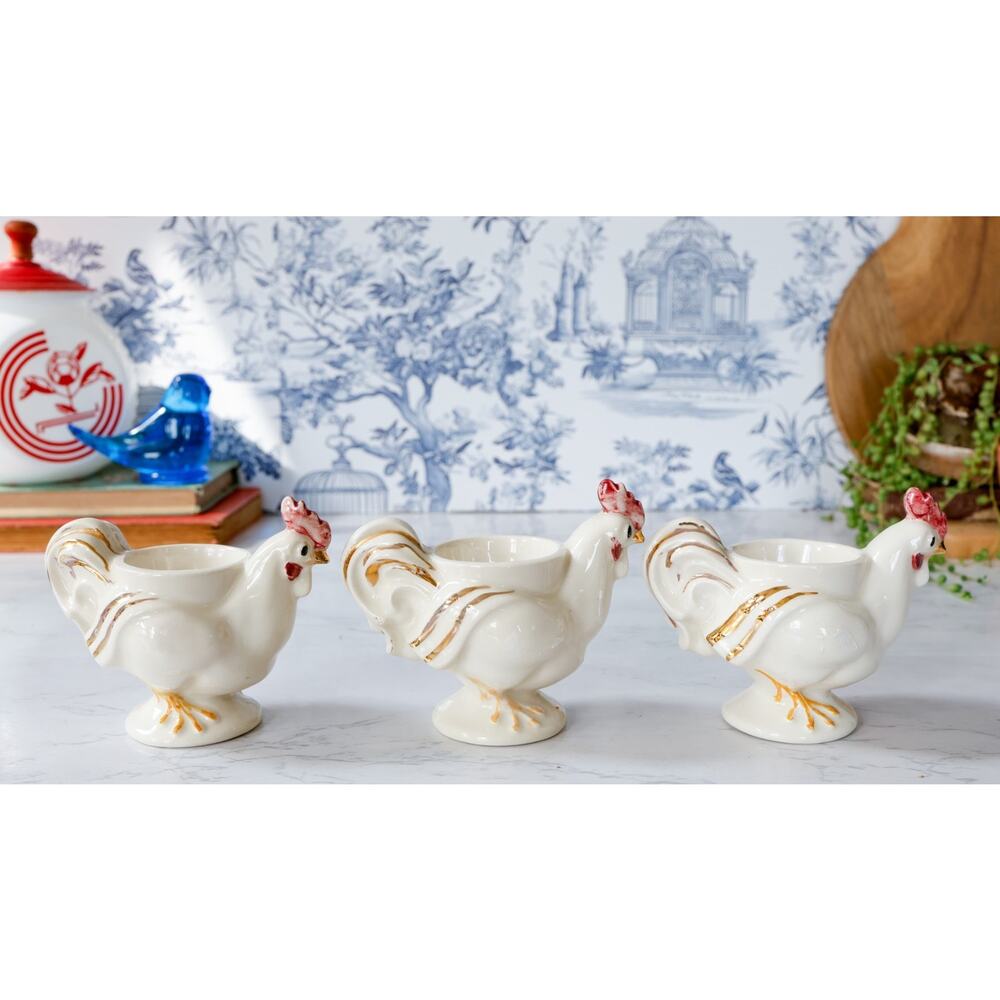 VTG Chicken Hen Rooster Egg Cup Holders Set of 3 Cottage Farmhouse Retro Brunch - Picture 12 of 15
